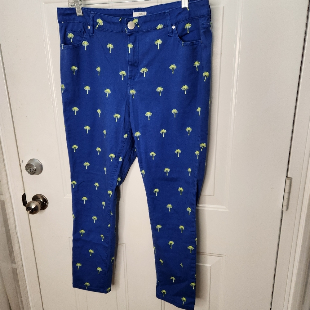 Crown & Ivy Palm Tree Royal Blue and Chartreuse Cropped Pants Size 14